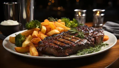 un rico filete grillado con papas asadas