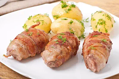 deliciosos Rollitos de carne de cerdo envueltos en tocino