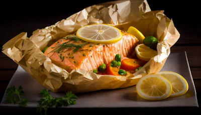 un rico y jugoso Papillote de salmón